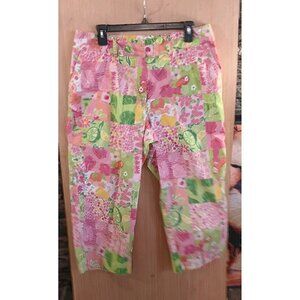 Tahiti Reef Club (14) Women Pants Pink‎ Tropical Floral Aloha High Rise Capri